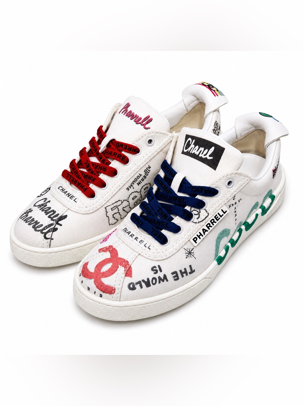 🚩steal CHANEL White Graffiti Sneakers with Red, Navy & Green Accents